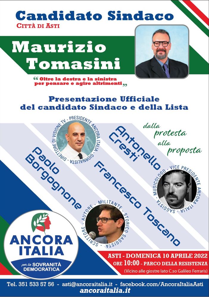 Sesto aspirante al Comune di Asti. Domenica si presenta Maurizio Tomasini per 'Ancora Italia