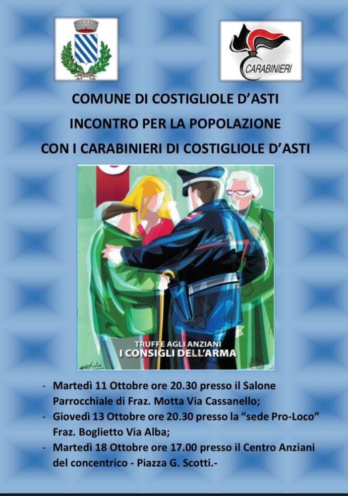 Costigliole d’Asti: in programma tre incontri tra l’Arma e la popolazione
