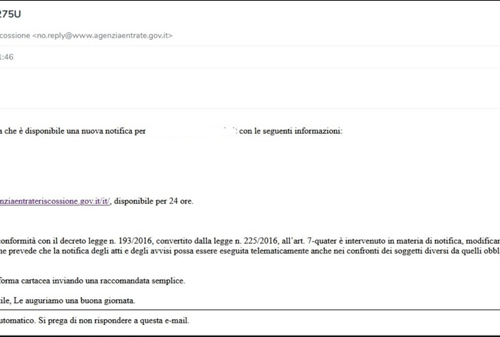 Nuova campagna di phishing tramite false notifiche amministrative. Nel mirino l'Agenzia delle Entrate