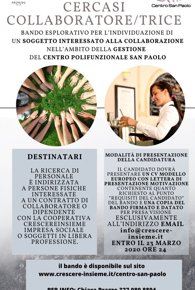 CrescereInsieme cerca collaboratore/trice per la gestione del Centro San Paolo di Canelli
