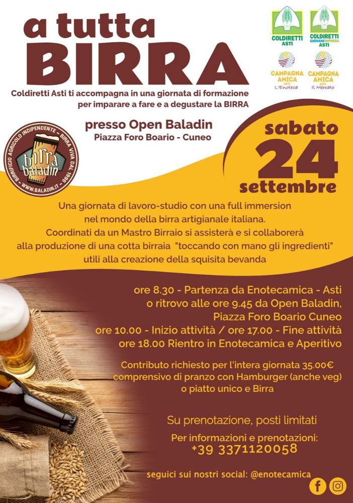 Il 24 settembre Coldiretti Asti proporrà una giornata di formazione sulla birra, alla Baladin di Cuneo