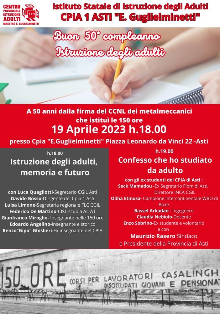 Il 19 aprile il Cpia di Asti festeggerà i 50 anni del sistema delle 150 ore