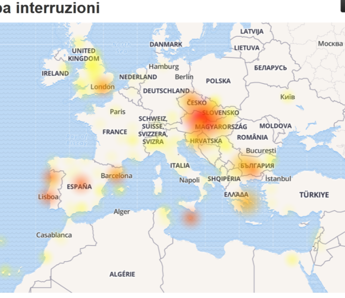 La mappa dei malfunzionamenti monitorati in tempo reale dal sito Downdetector