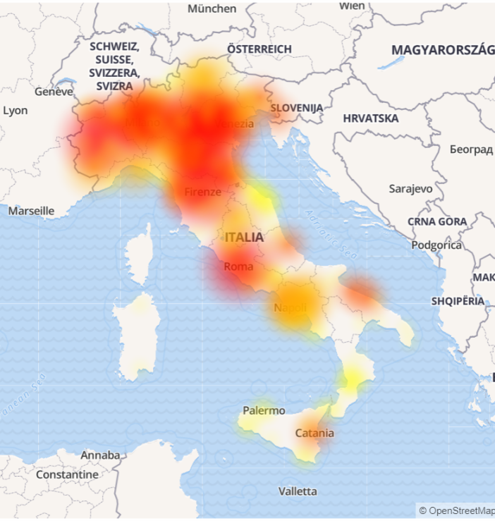 La mappa delle aree in cui si sono registrati i maggiori disagi (tratta dal sito www.downdetector.it/)