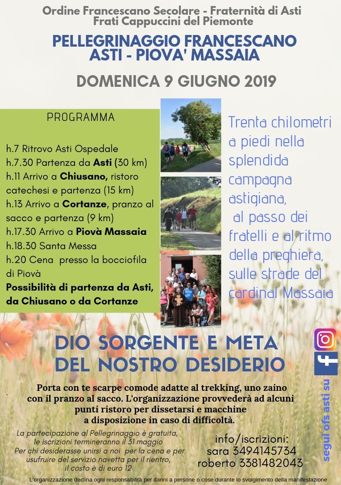 Quarta edizione per il pellegrinaggio francescano Asti-Piovà Massaia
