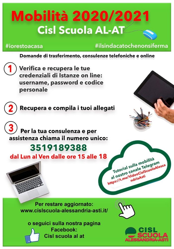 La Cisl Scuola Asti Alessandria fornisce consulenze a distanza per le domande di mobilità del personale di ruolo
