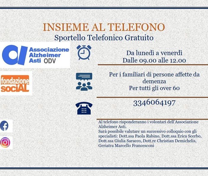 L’Associazione Alzheimer Asti ha attivato uno sportello telefonico di supporto