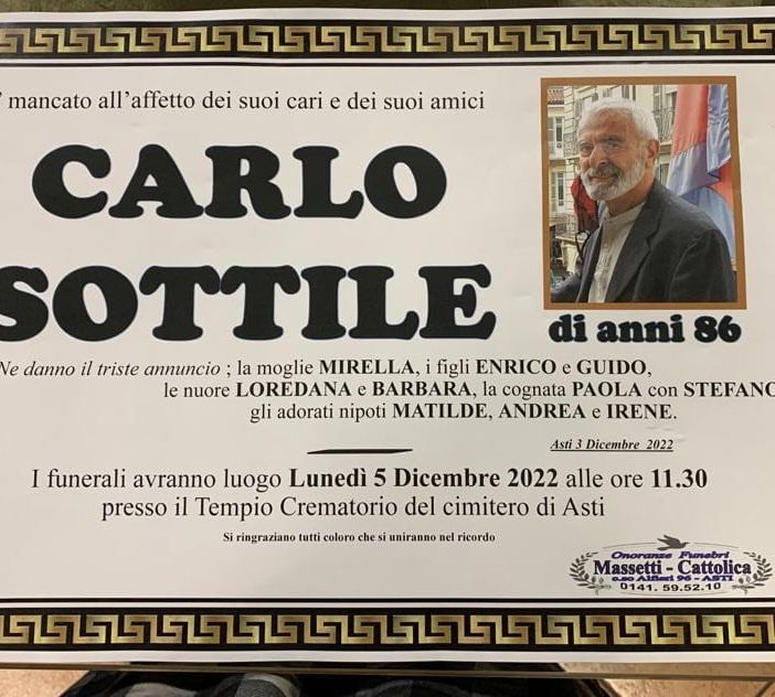 &quot;Anche il cielo piange, oggi&quot;: il cordoglio del Coordinamento Asti Est per la morte di Carlo Sottile