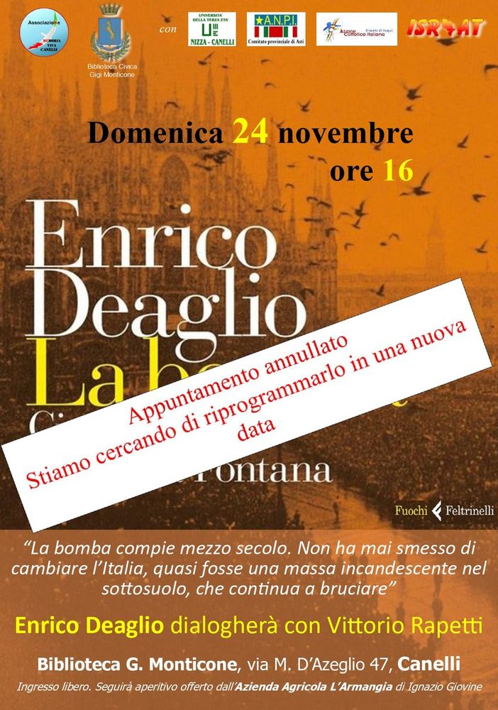 Canelli, annullata per maltempo la presentazione del libro di Deaglio su piazza Fontana
