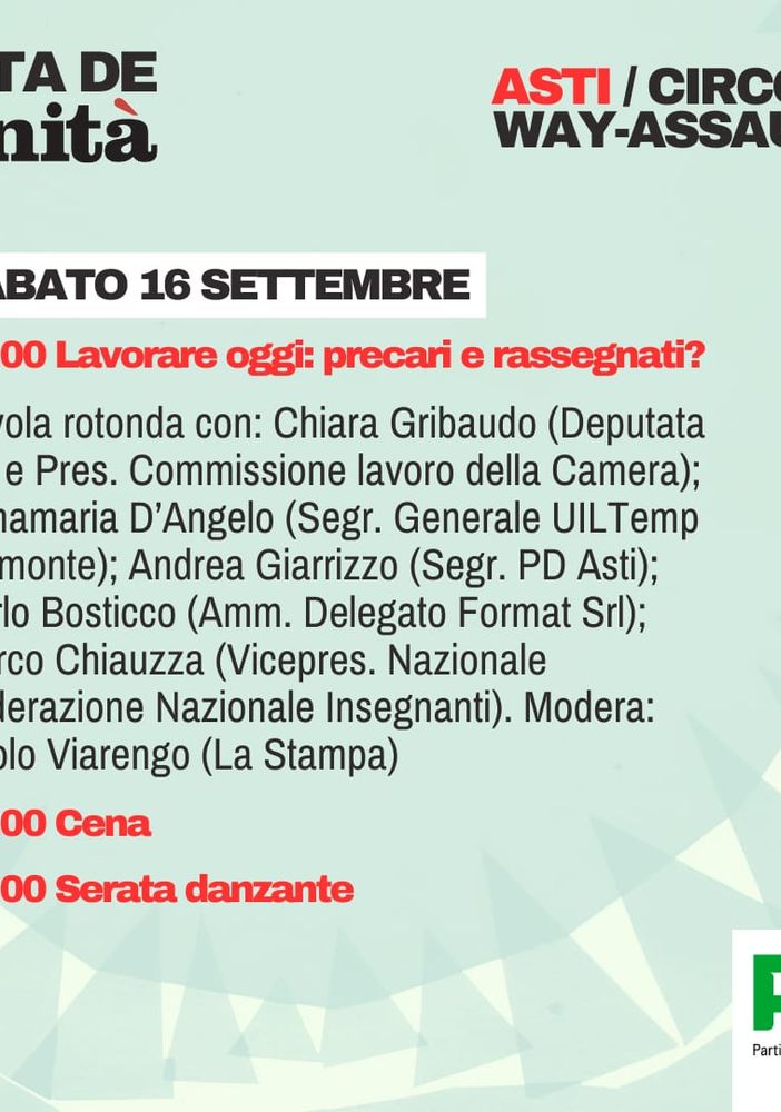 Il programma odierno della Festa dell'Unità di Asti