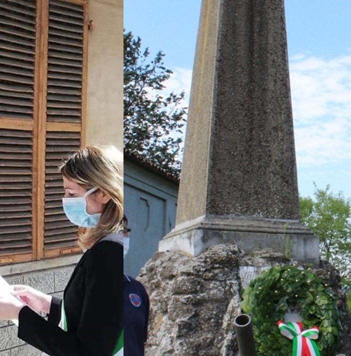 i sindaci Anna Macchia davanti alla lapide alla memoria di Luigi Capriolo e Gianluca Forno al monumento dei caduti