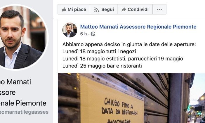 L'assessore regionale Marnati spara su Facebook le aperture di bar, ristoranti ed estetiste ma la Presidenza frena: &quot;Non è ancora ufficiale&quot;