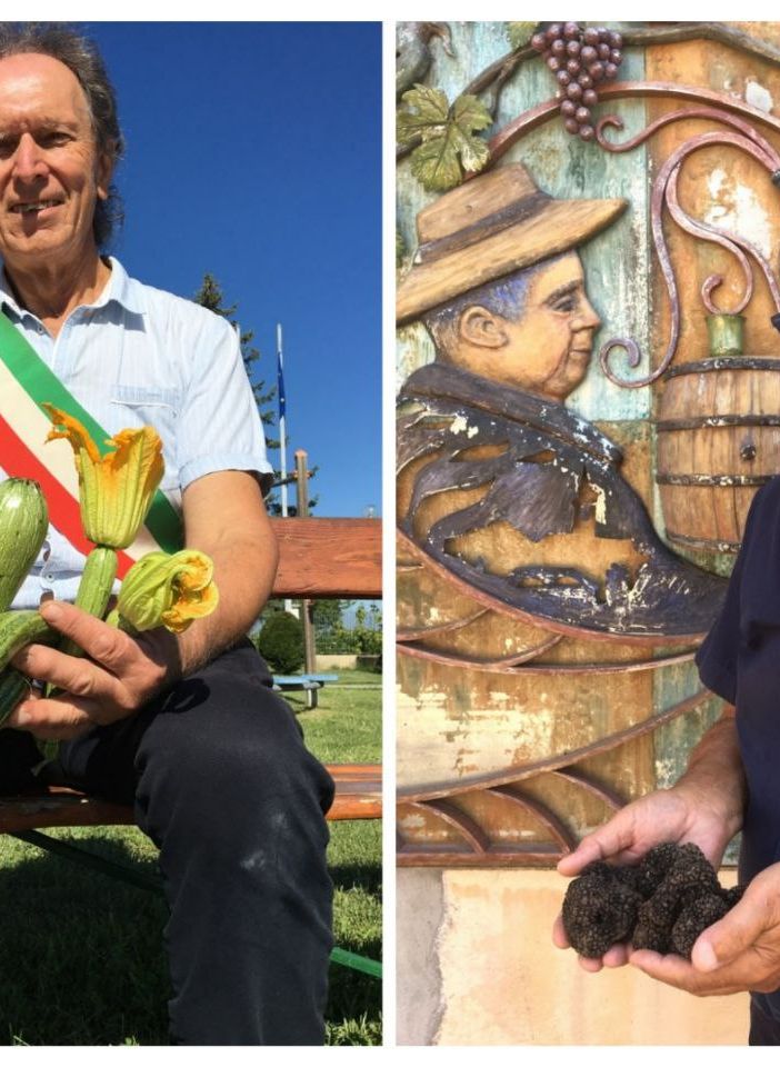 Nel montaggio fotografico il sindaco di Dusino San Michele Valter Molino con gli zucchini e il collega di Roatto Bruno Colombo con il tartufo nero, prodotti tipici che animano gli eventi dei rispettivi paesi