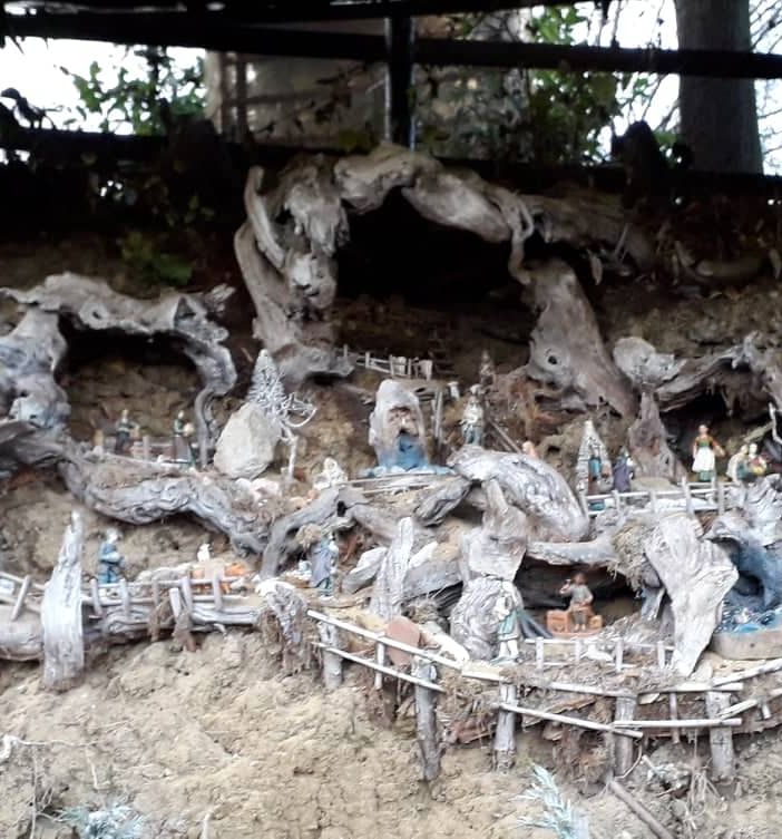 A Cisterna d'Asti un presepe è allestito tra le radici di una riva in Bricco Scaglia