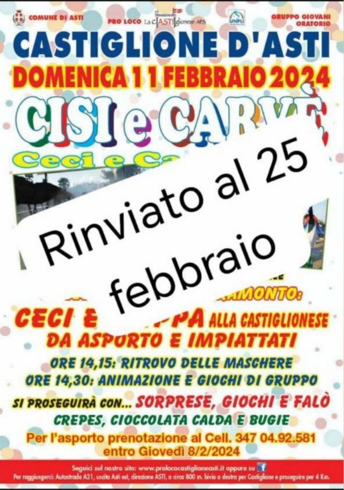 Rinviato, a causa delle condizioni meteo previste, il Carnevale di Castiglione