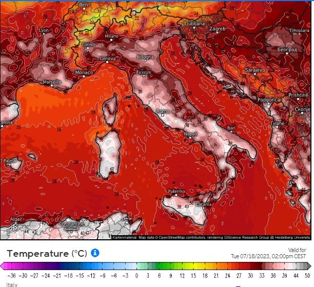 Le temperature previste per domani alle 14 da ECMWF (European Centre for Medium-Range Weather Forecasts). Notare i valori che si avvicinano al fondo scala
