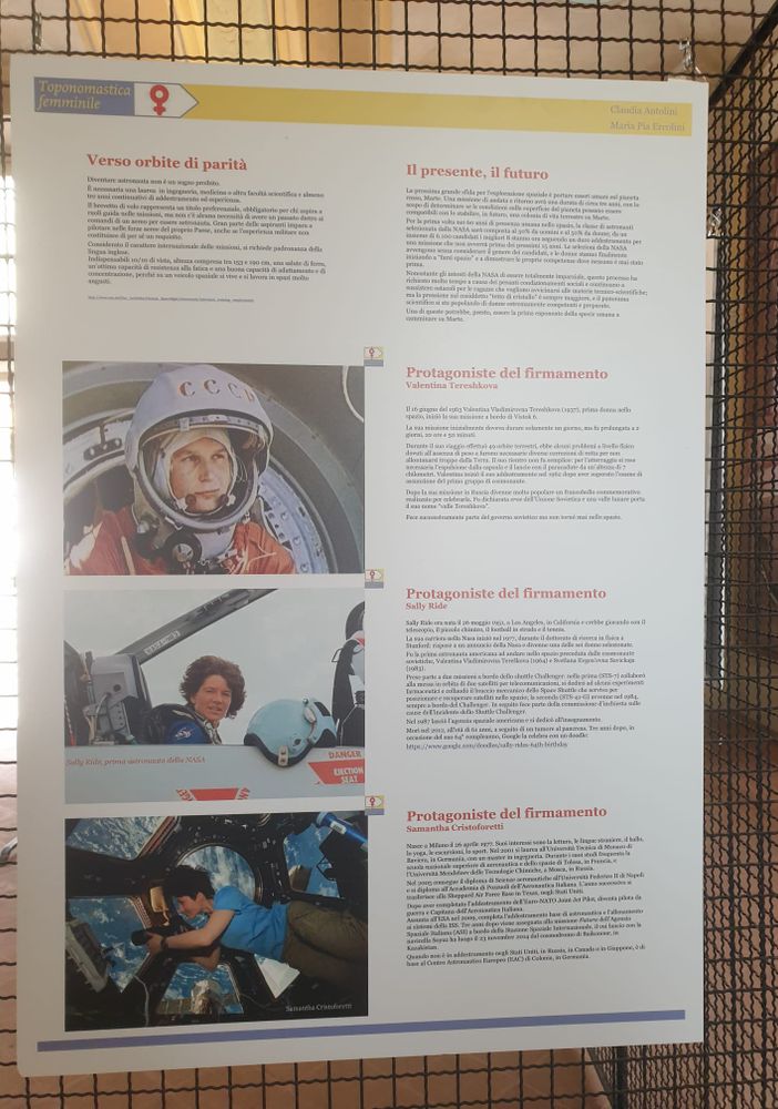 Il pannello &quot;Verso orbite di parità&quot; incentrato sulla Cristoforetti e, a fine articolo, altre immagini relative l'inaugurazione della mostra