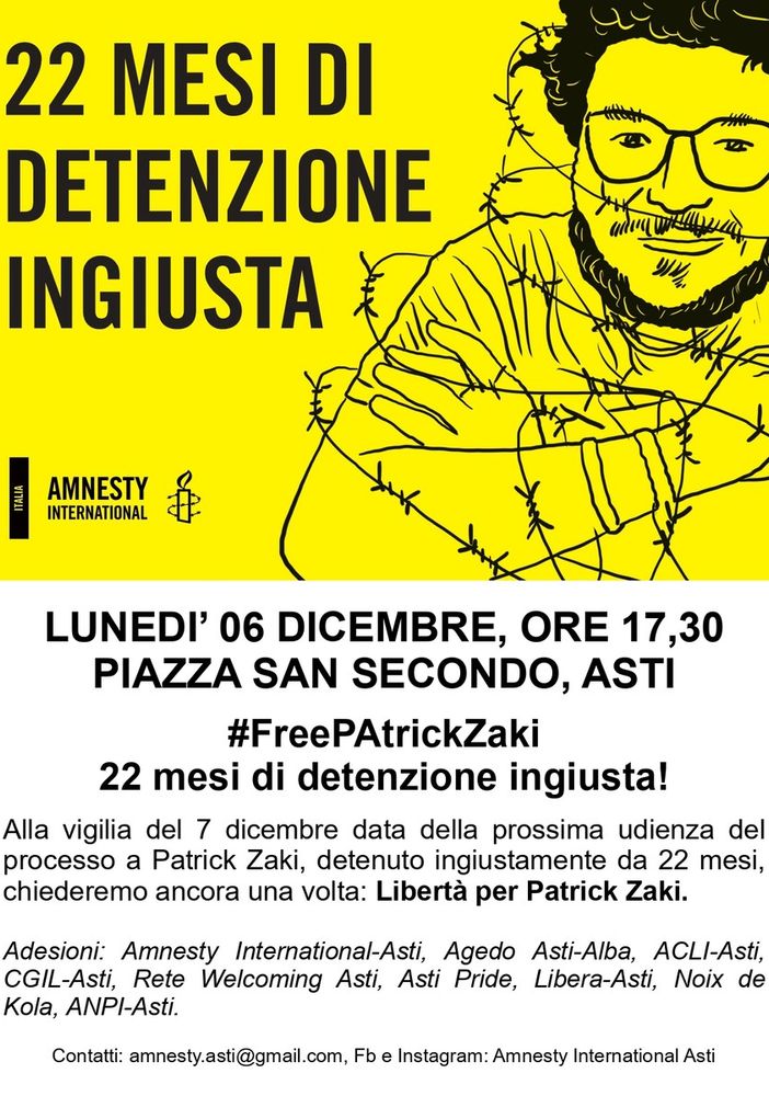 La locandina della manifestazione astigiana a supporto di Patrick Zaki