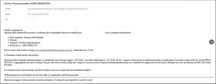 Nuova campagna di phishing tramite false notifiche amministrative. Nel mirino l'Agenzia delle Entrate Nuova campagna di phishing tramite false notifiche amministrative. Nel mirino l'Agenzia delle Entrate