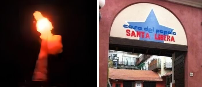 Un'immagine relativa l'attacco avvenuto nella notte e, nel riquadro di destra, la Casa del Popolo