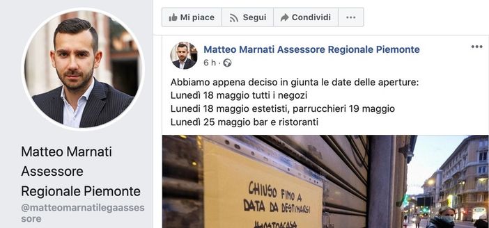 L'assessore regionale Marnati spara su Facebook le aperture di bar, ristoranti ed estetiste ma la Presidenza frena: "Non è ancora ufficiale" L'assessore regionale Marnati spara su Facebook le aperture di bar, ristoranti ed estetiste ma la Presidenza frena: "Non è ancora ufficiale"