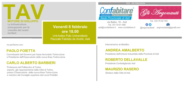 Sì Tav o No Tav? Se ne parla oggi all'Università di Asti con Gli Argonauti e l'associazione Confabitare Sì Tav o No Tav? Se ne parla oggi all'Università di Asti con Gli Argonauti e l'associazione Confabitare