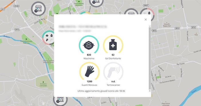 Una schermata tratta dal sito, con indicate le disponibilità dei DPI nella specifica farmacia (oscurata per la pubblicazione, ma naturalmente visibile consultando il sito)