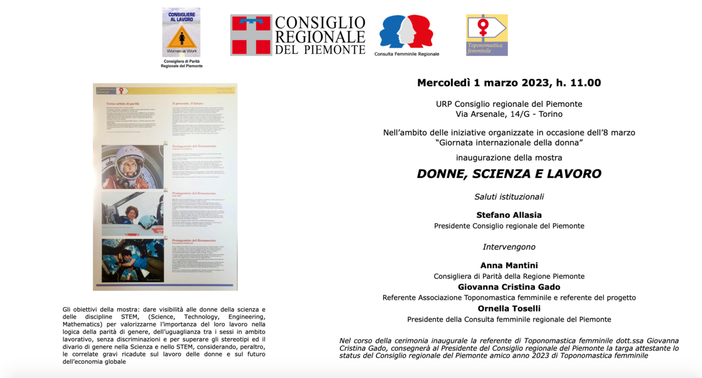 Domani a Torino l'inaugurazione della mostra "Donne, scienza e lavoro", di Toponomastica Femminile