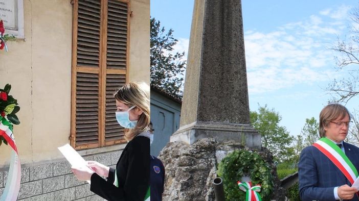 i sindaci Anna Macchia davanti alla lapide alla memoria di Luigi Capriolo e Gianluca Forno al monumento dei caduti