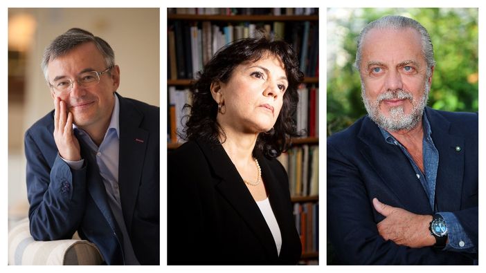 Nel collage, da sinistra: Alessandro Barbero, Donatella Di Cesare e Aurelio De Laurentiis