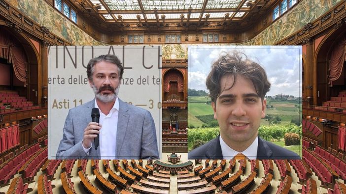 Nel fotomontaggio Andrea Giaccone (immagine a sinistra) e Paolo Romano con, sullo sfondo, l'aula di Montecitorio