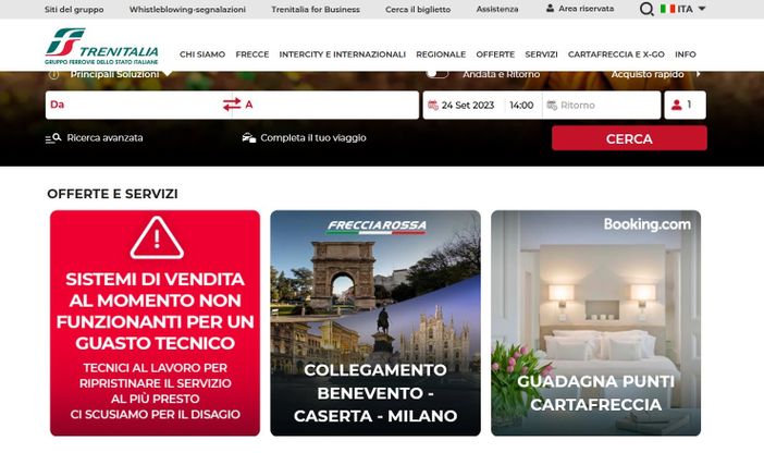 L'avviso che campeggia da ore sull'home page del sito di Trenitalia