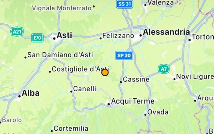 Scossa di terremoto oggi nell'Astigiano, a Bruno, con magnitudo 2.5, ipocentro a 19 chilometri di profondità