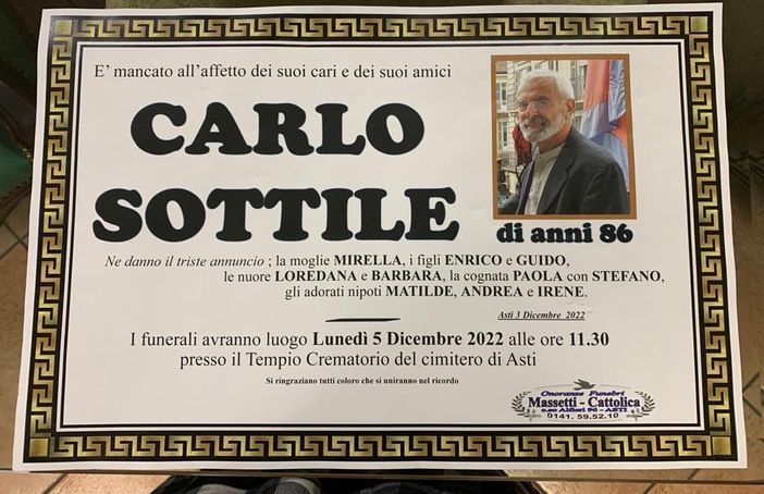 &quot;Anche il cielo piange, oggi&quot;: il cordoglio del Coordinamento Asti Est per la morte di Carlo Sottile