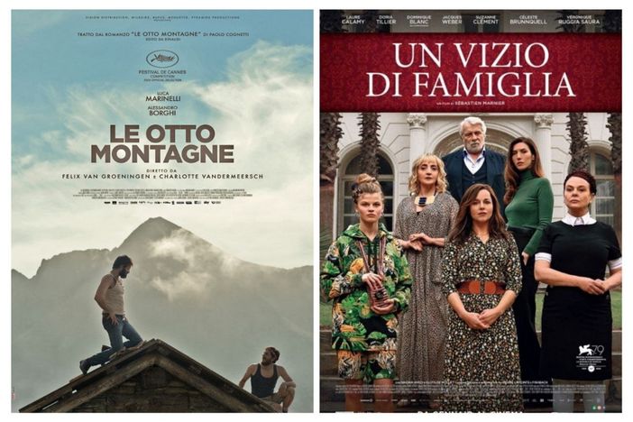 Collage con le locandine di "Le otto montagne" e "Un vizio di famiglia" Collage con le locandine di "Le otto montagne" e "Un vizio di famiglia"