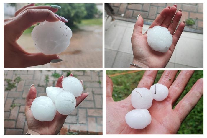 Un collage fotografico di grossi chicchi di grandine caduti in mattinata a Castelnuovo Don Bosco e a Cunico (immagini tratte dal canale telegram Dati Meteo Asti)