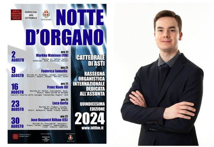 Collage tra la locandina della serata e l'organista Luca Gorla