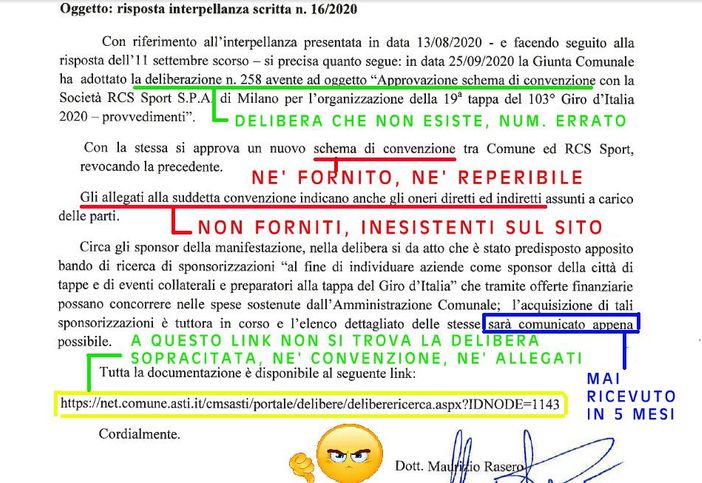 La risposta dell'Amministrazione ritenuta inadeguata da parte del Movimento 5 Stelle
