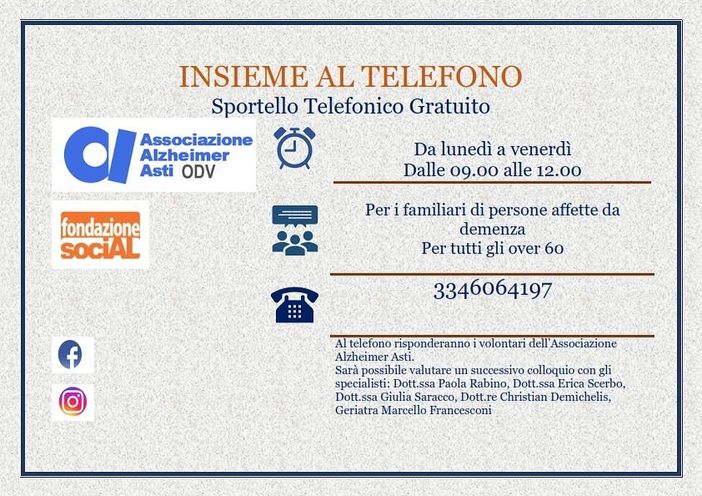 L’Associazione Alzheimer Asti ha attivato uno sportello telefonico di supporto L’Associazione Alzheimer Asti ha attivato uno sportello telefonico di supporto