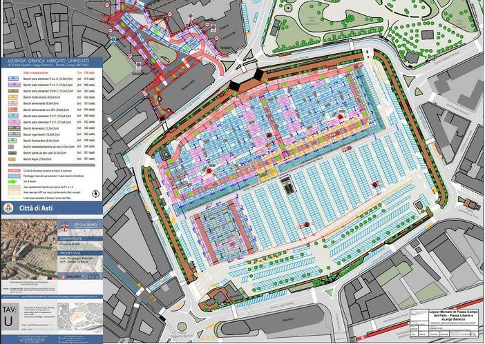 La planimetria della nuova disposizione degli stalli mercatali La planimetria della nuova disposizione degli stalli mercatali