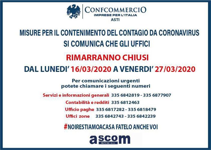 Emergenza Coronavirus: chiusi al pubblico gli uffici provinciali di Confcommercio