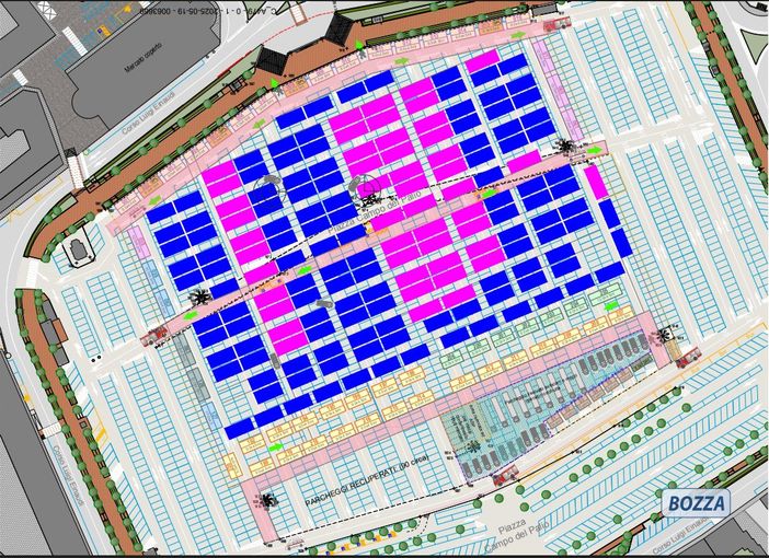 Una delle possibili soluzioni al vaglio, che prevede la rotazione dei banchi e il recupero di una parte dei parcheggi