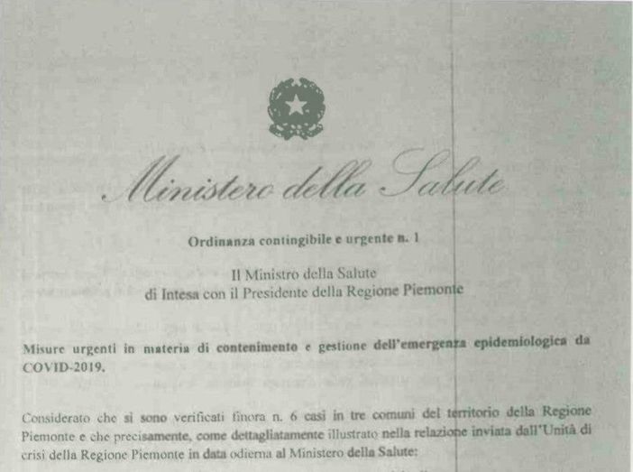 Coronavirus, ecco il testo integrale dell’ordinanza firmata dal ministro Speranza e dal presidente Cirio