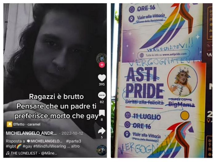 Nel collage una storia social postata da Mirko Moriconi, brutalmente ucciso insieme alla madre da suo padre, e manifesti dell'Asti Pride imbrattati