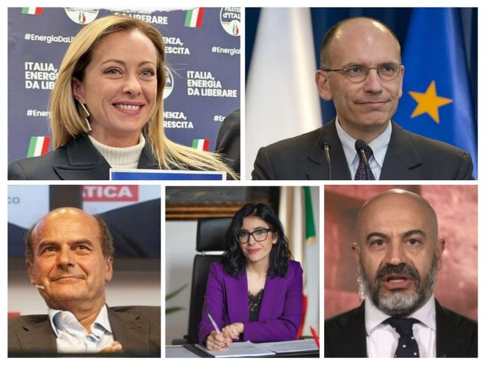 Nel collage fotografico, alcuni dei 'big' politici in arrivo in città nei prossimi giorni. In senso orario: Giorgia Meloni, Enrico Letta, Gianluigi Paragone, Fabiana Dadone e Pier Luigi Bersani Nel collage fotografico, alcuni dei 'big' politici in arrivo in città nei prossimi giorni. In senso orario: Giorgia Meloni, Enrico Letta, Gianluigi Paragone, Fabiana Dadone e Pier Luigi Bersani