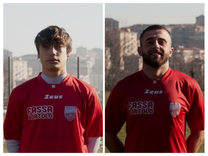 I marcatori del Moncalvo: Simone Giardina (a destra), autore di una doppietta, e Matteo Valenzano I marcatori del Moncalvo: Simone Giardina (a destra), autore di una doppietta, e Matteo Valenzano