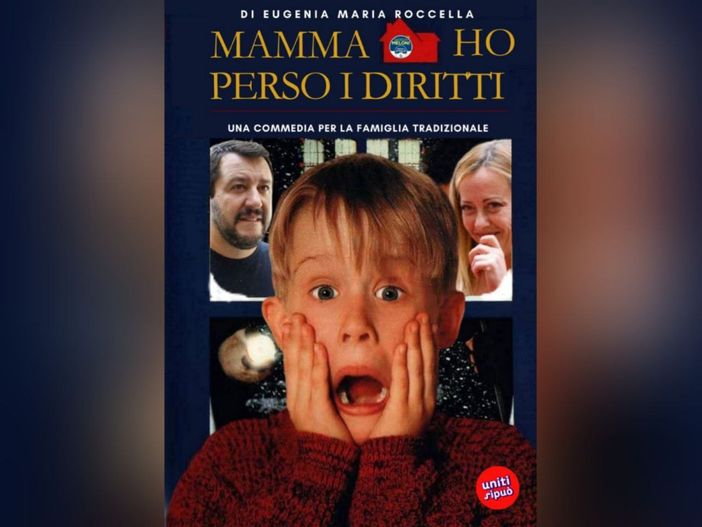 La locandina della parodia, con sullo sfondo Meloni e Salvini