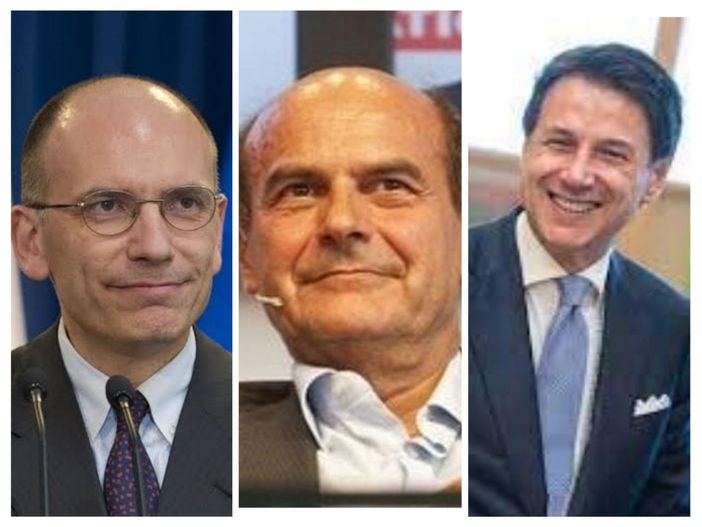 Nel montaggio fotografico, da sinistra a destra, Enrico Letta, Pierluigi Bersani e Giuseppe Conte