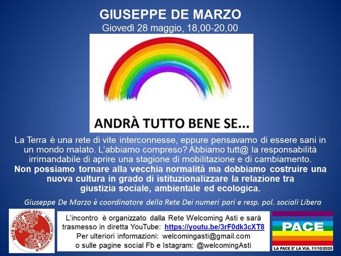“Andrà tutto bene se …”, incontro online con l'economista Giuseppe De Marzo.