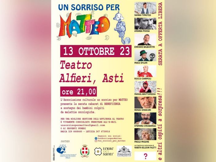 Torna stasera lo spettacolo di cabaret "Un sorriso per Matteo" Torna stasera lo spettacolo di cabaret "Un sorriso per Matteo"